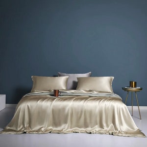 Newly Upgraded Silk Material 26 Momme Mulberry Silk 4-Piece Bedding Set - Custom Fabric with Fragrant Atmosphere - Silk Duvet Cover/Fitted Sheet/2 Pillowcases