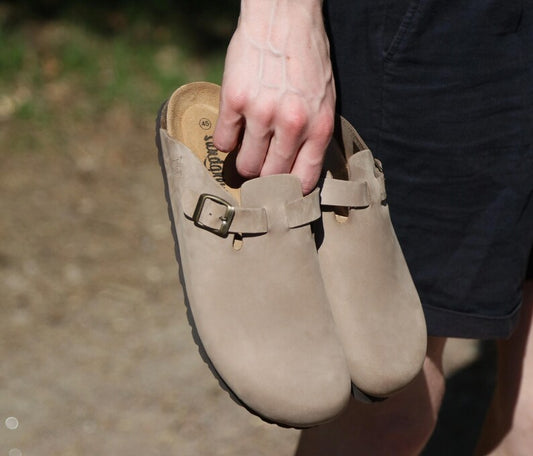 Cork Sandals, Summer Sandals, Mens Slide, Handmade, Cushioned footbed, Sandgrens, Sandstone Beige Nubuck Leather, Toledo